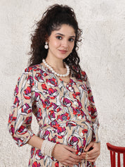 Beige Floral Rayon Maternity Dress