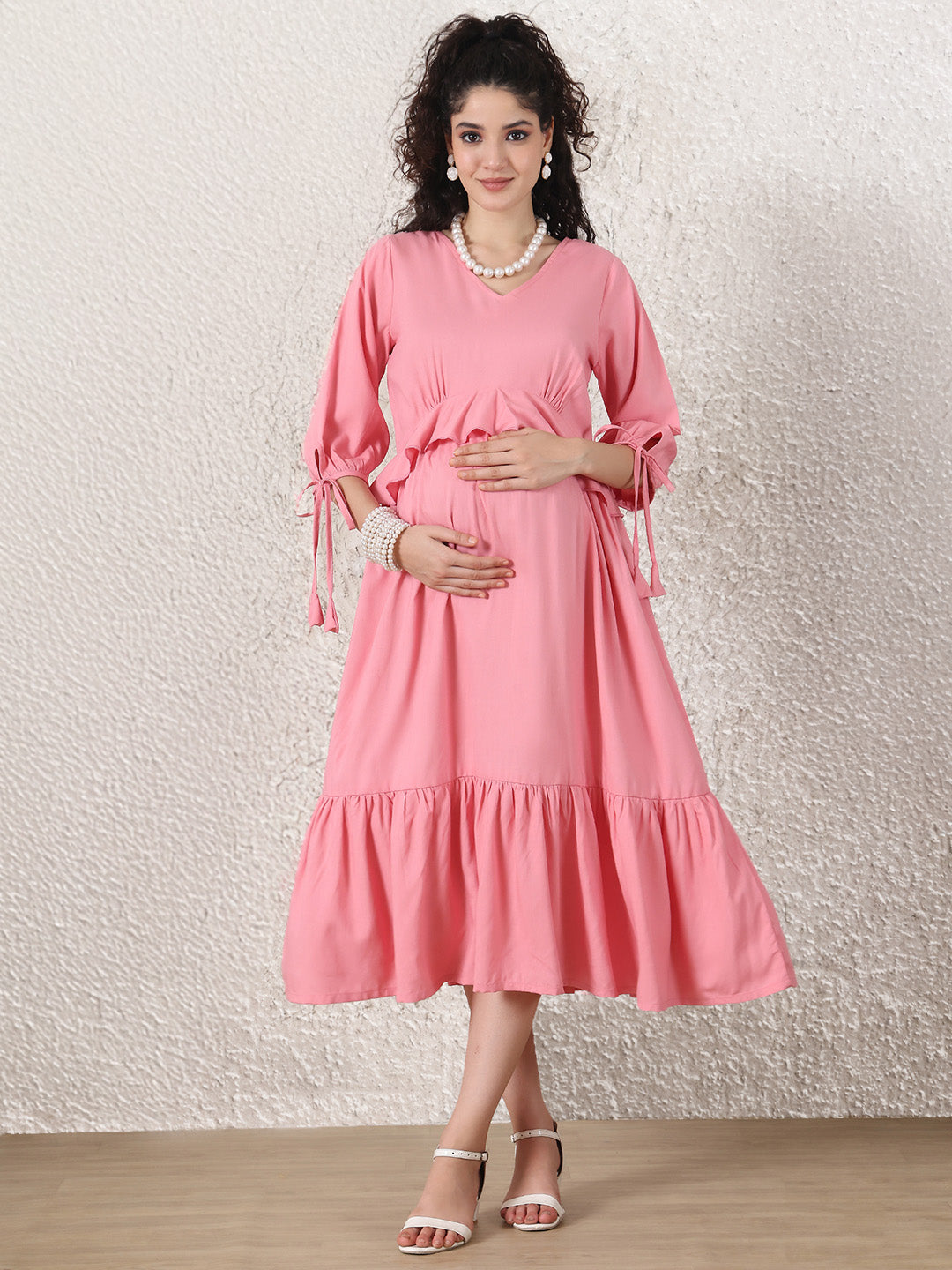 Peach Solid Rayon Maternity Dress