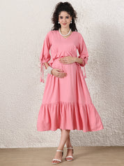 Peach Solid Rayon Maternity Dress