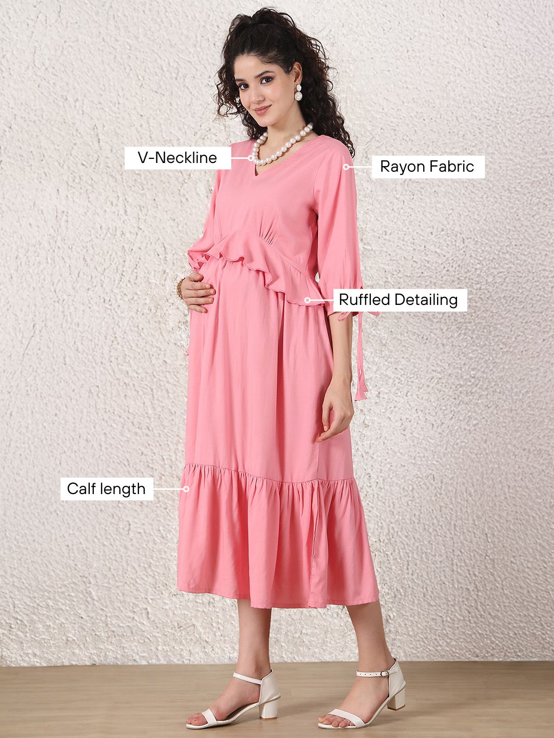 Peach Solid Rayon Maternity Dress