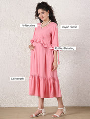 Peach Solid Rayon Maternity Dress