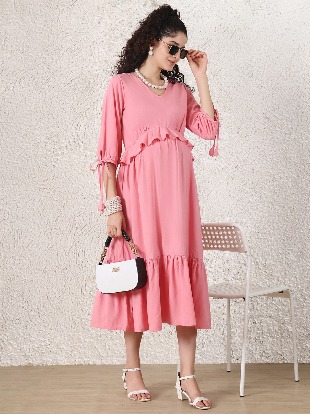 Peach Solid Rayon Maternity Dress