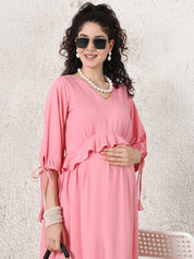 Peach Solid Rayon Maternity Dress