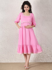 Baby Pink Solid Rayon Maternity Dress