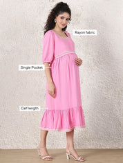 Baby Pink Solid Rayon Maternity Dress