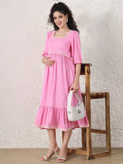Baby Pink Solid Rayon Maternity Dress