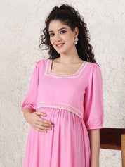 Baby Pink Solid Rayon Maternity Dress