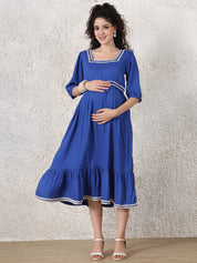 Blue Solid Rayon Maternity Dress