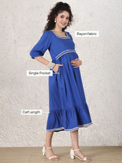 Blue Solid Rayon Maternity Dress