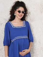Blue Solid Rayon Maternity Dress