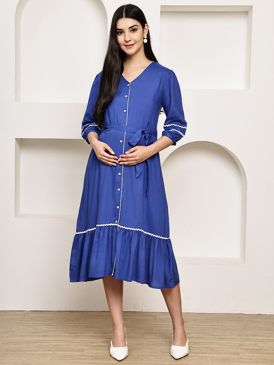 Secret Wish Blue Solid Rayon Maternity Dress