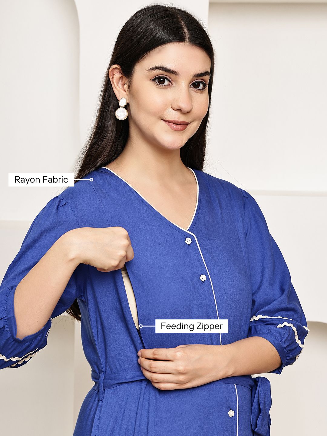 Secret Wish Blue Solid Rayon Maternity Dress