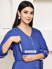 Secret Wish Blue Solid Rayon Maternity Dress