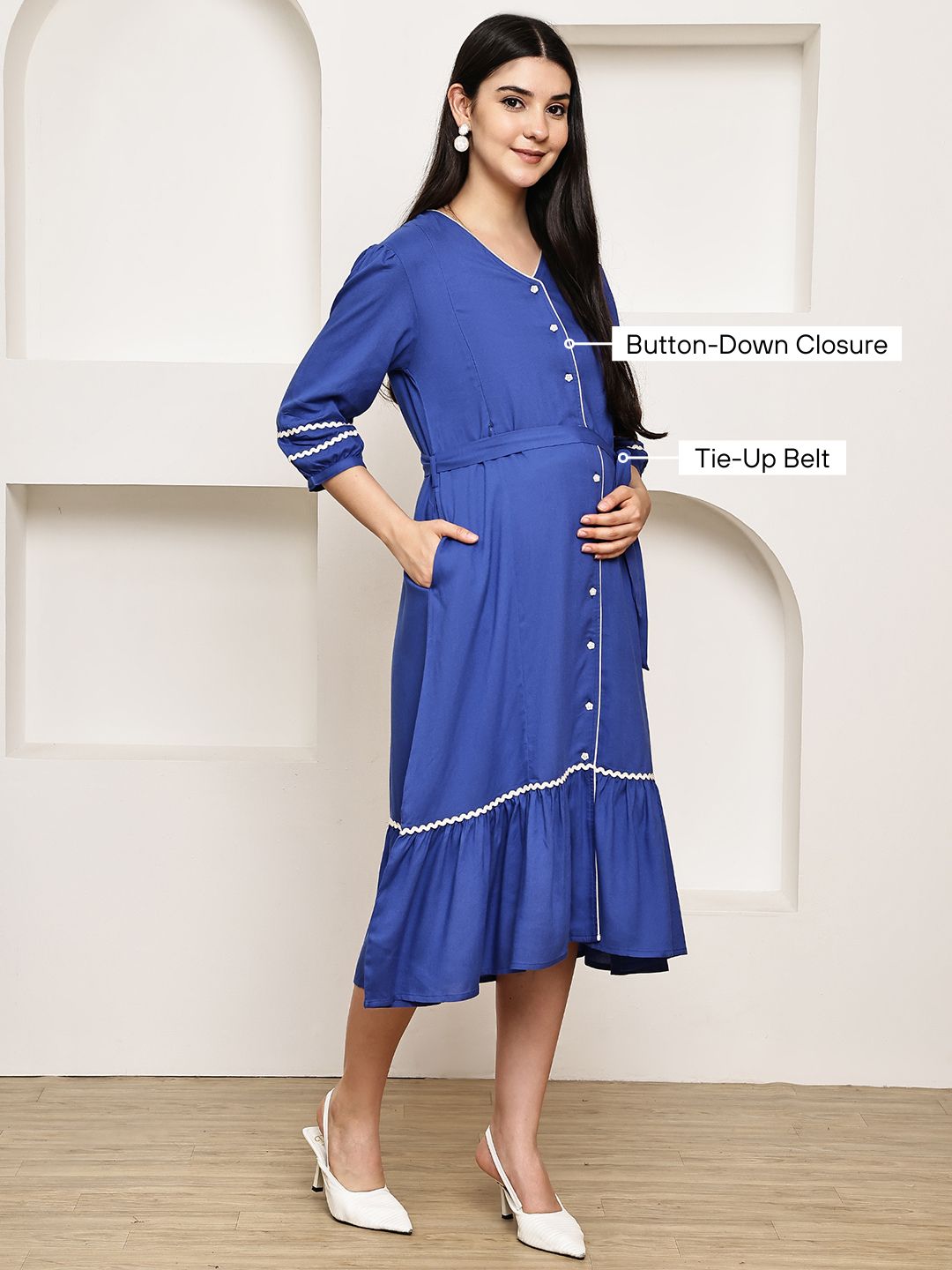 Secret Wish Blue Solid Rayon Maternity Dress