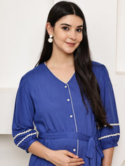 Secret Wish Blue Solid Rayon Maternity Dress