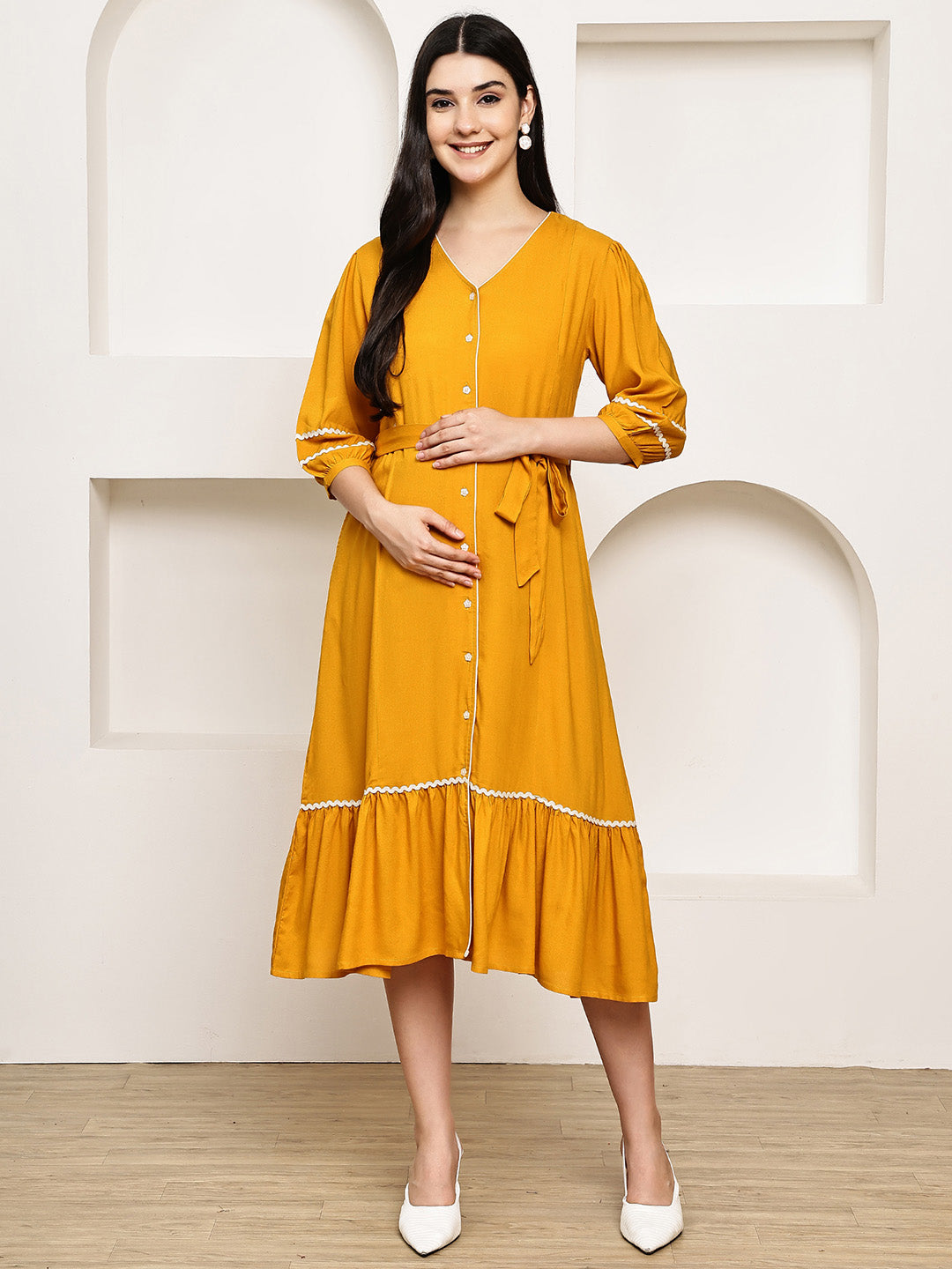 Secret Wish Yellow Solid Rayon Maternity Dress