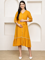 Secret Wish Yellow Solid Rayon Maternity Dress