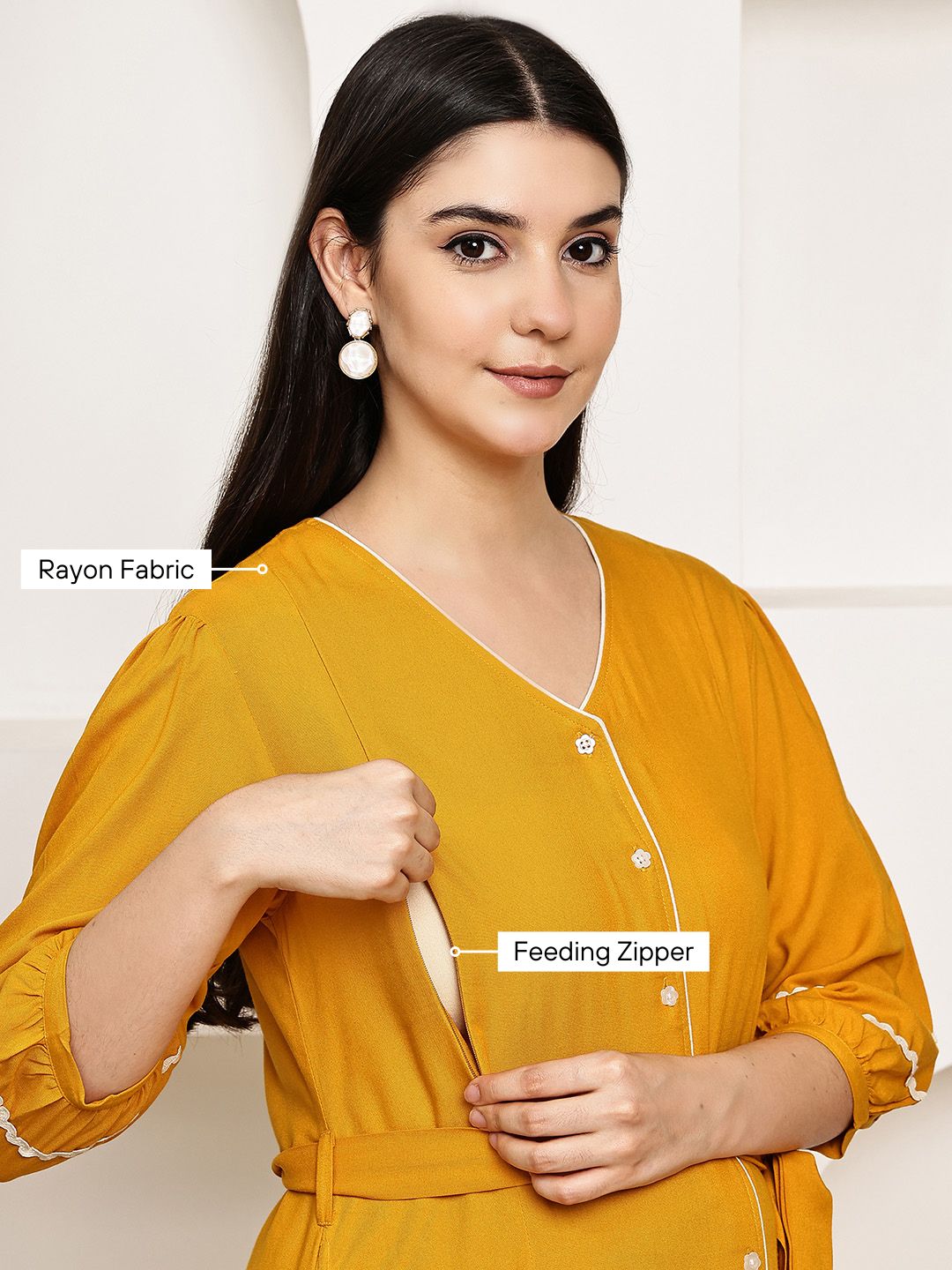 Secret Wish Yellow Solid Rayon Maternity Dress