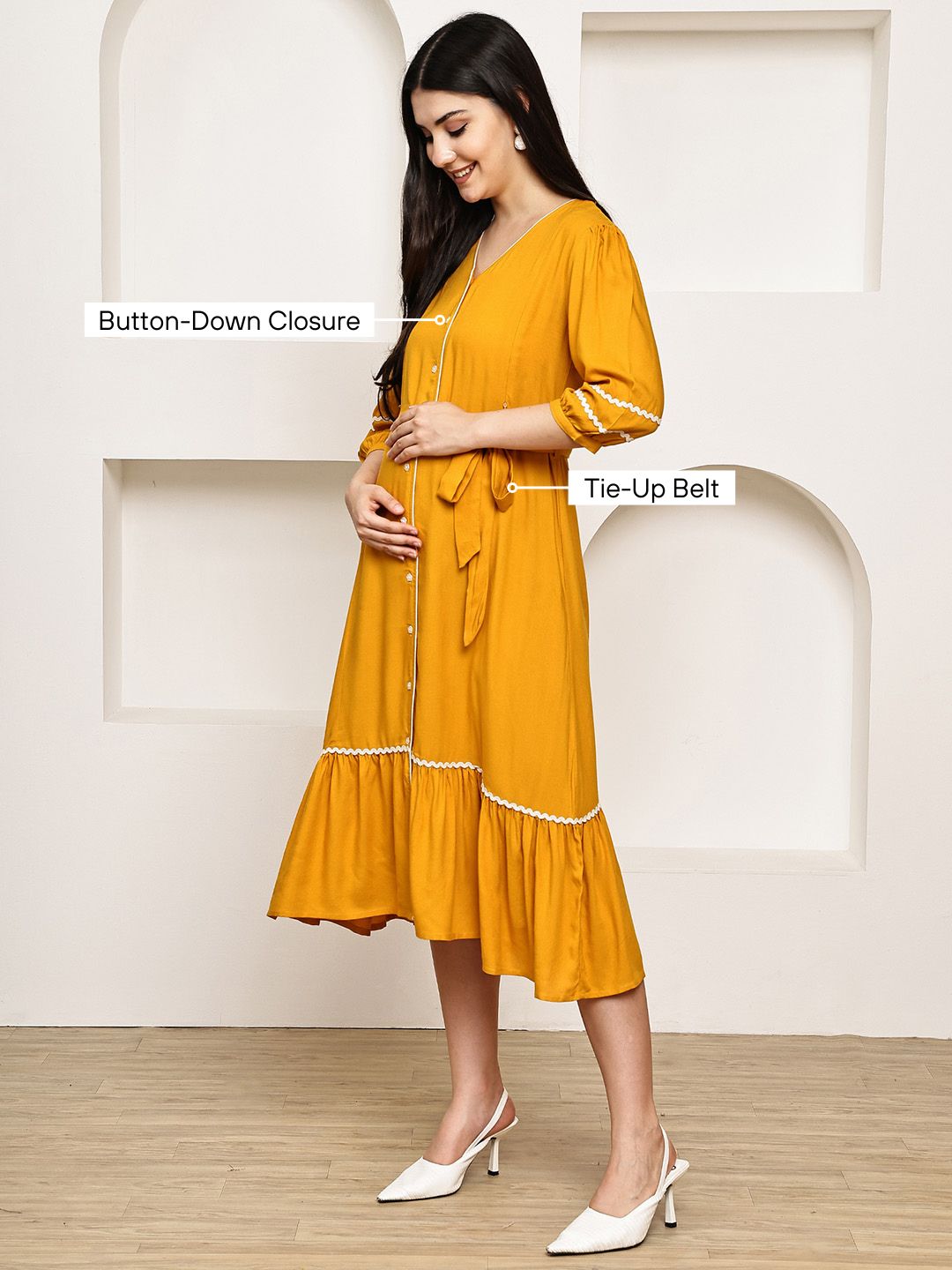Secret Wish Yellow Solid Rayon Maternity Dress