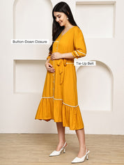 Secret Wish Yellow Solid Rayon Maternity Dress