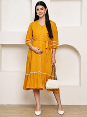 Secret Wish Yellow Solid Rayon Maternity Dress