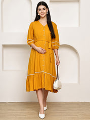 Secret Wish Yellow Solid Rayon Maternity Dress