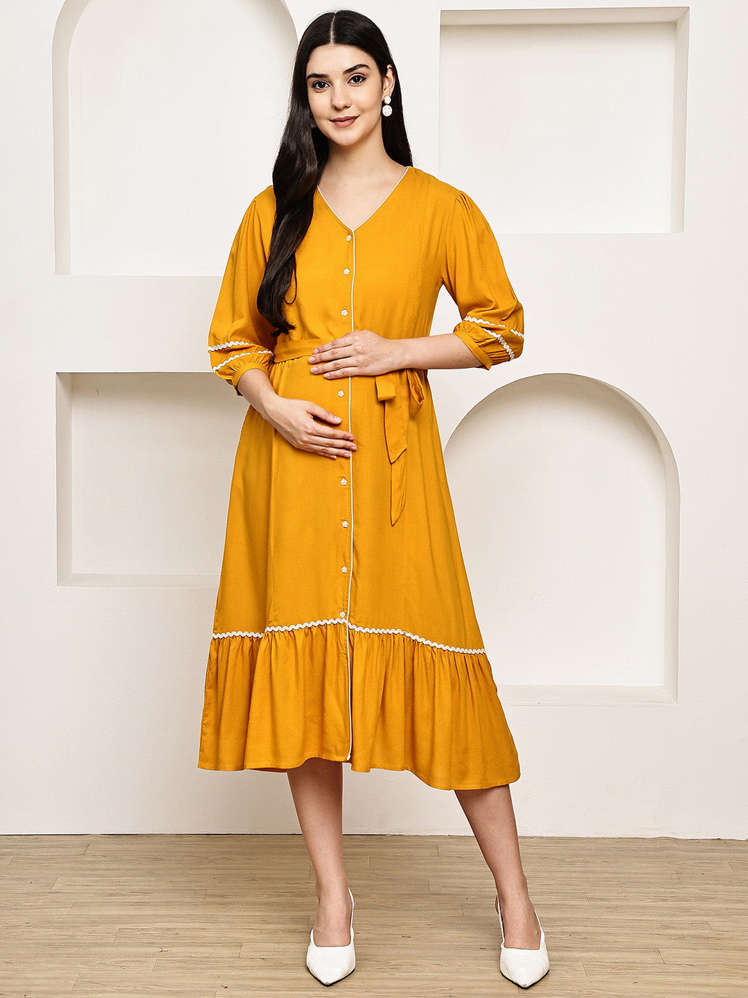 Secret Wish Yellow Solid Rayon Maternity Dress