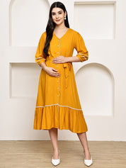 Secret Wish Yellow Solid Rayon Maternity Dress