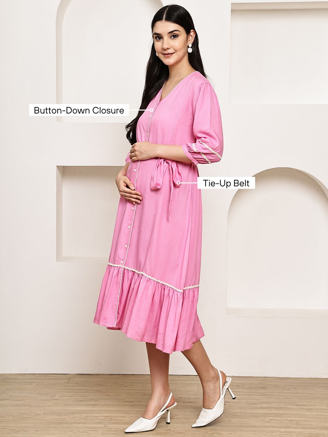 Secret Wish Pink Solid Rayon Maternity Dress