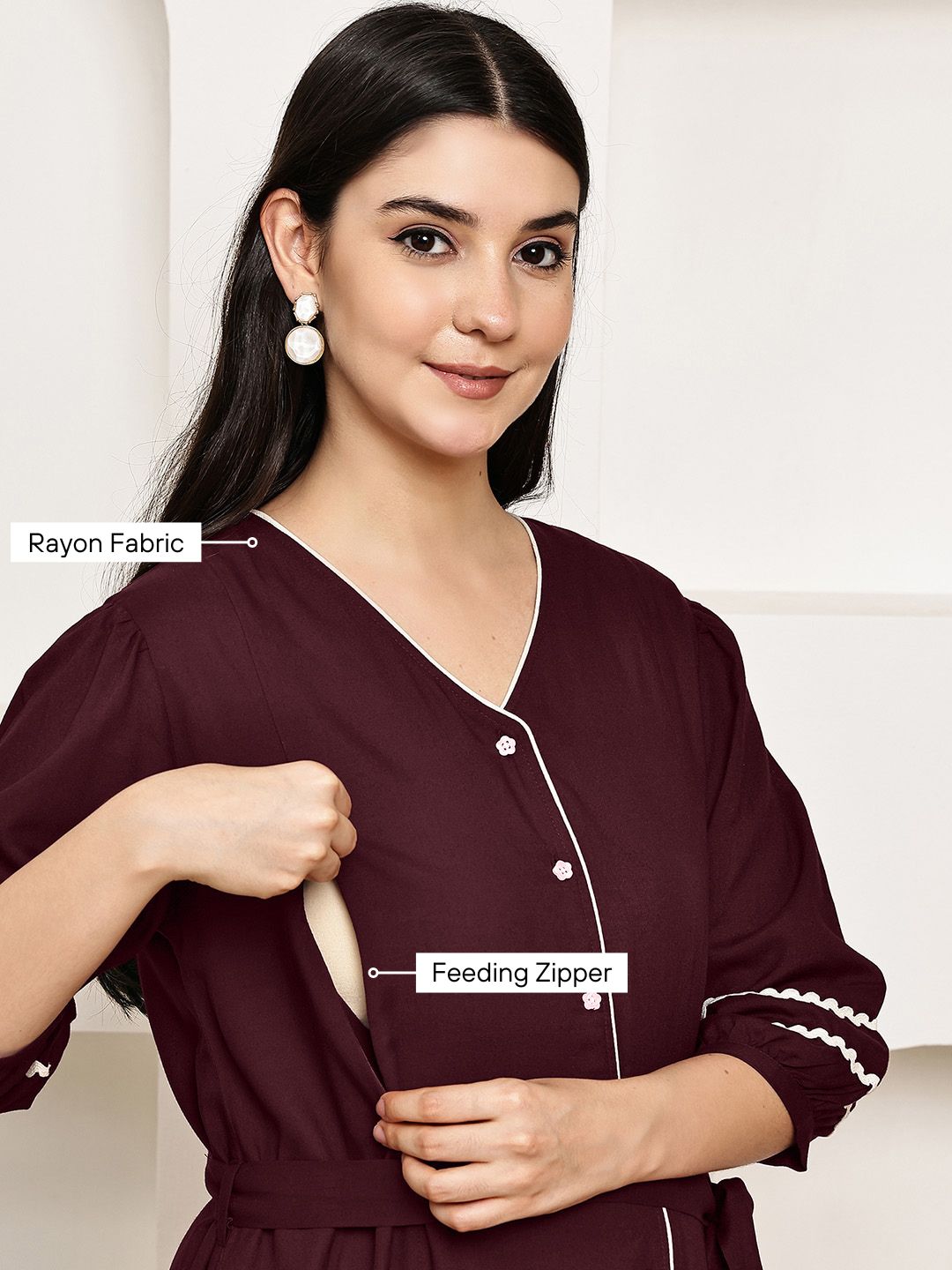 Secret Wish Wine Solid Rayon Maternity Dress