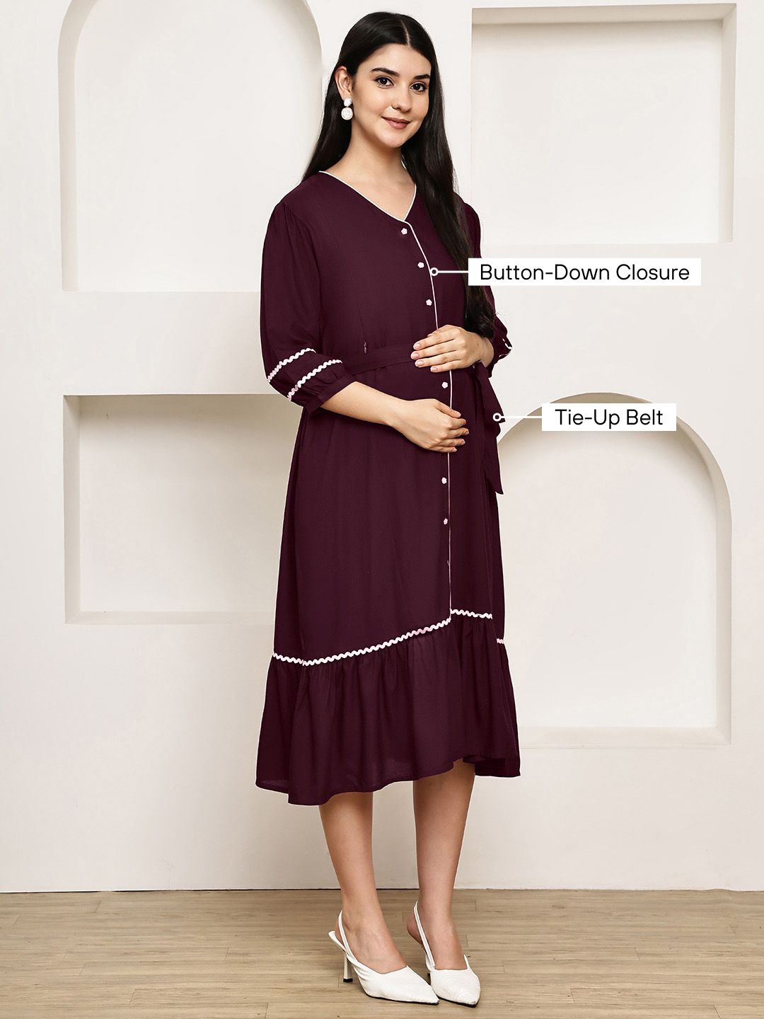 Secret Wish Wine Solid Rayon Maternity Dress