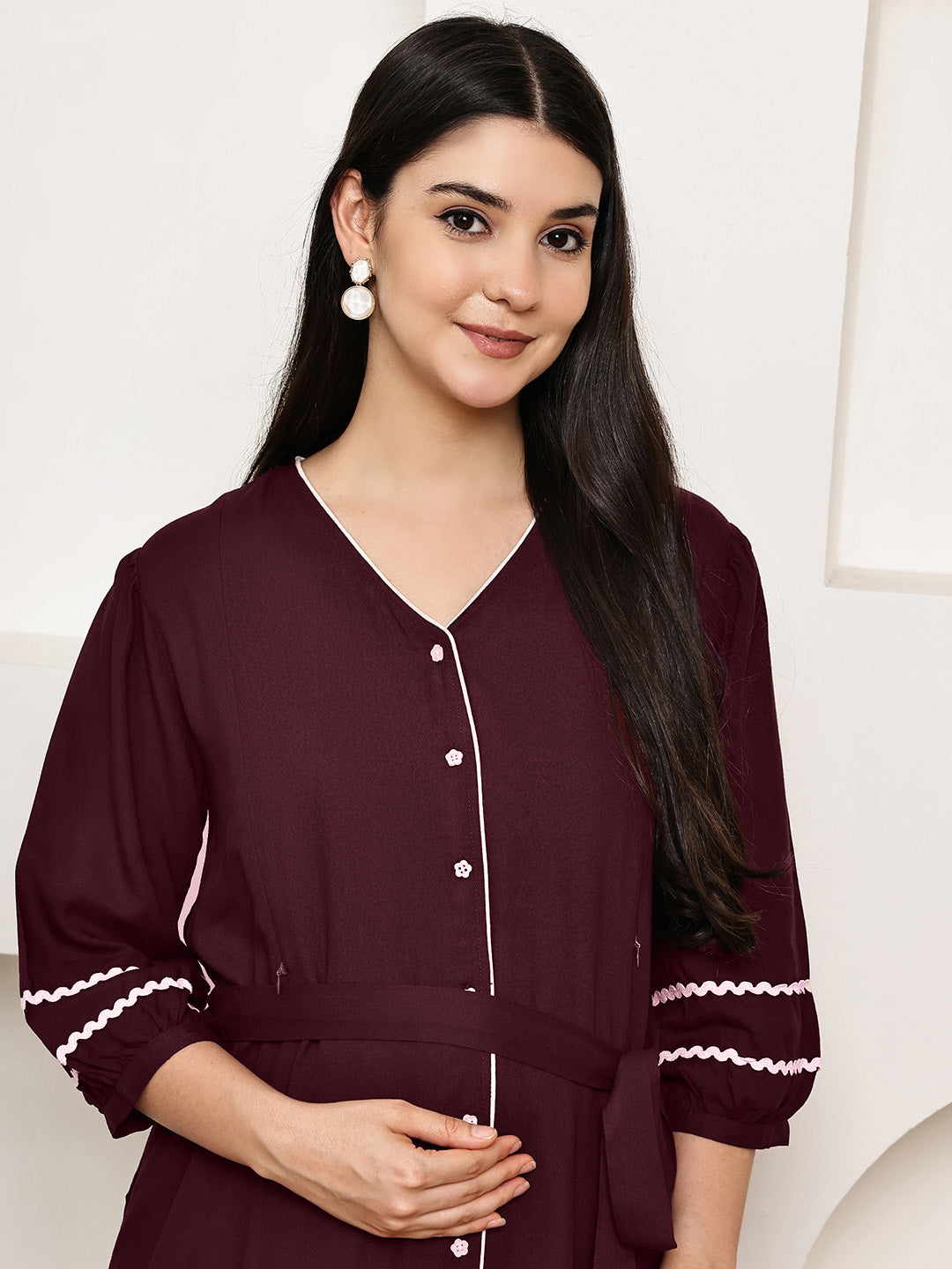 Secret Wish Wine Solid Rayon Maternity Dress