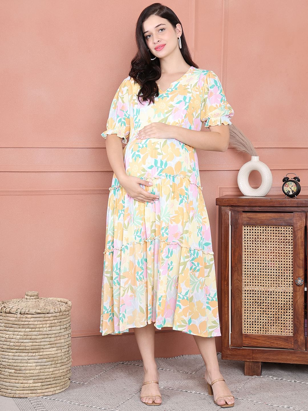 Secret Wish Yellow Floral Crinkle Rayon Maternity Dress Calf Length