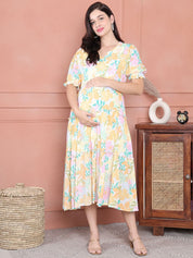 Secret Wish Yellow Floral Crinkle Rayon Maternity Dress Calf Length