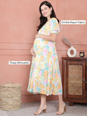 Secret Wish Yellow Floral Crinkle Rayon Maternity Dress Calf Length