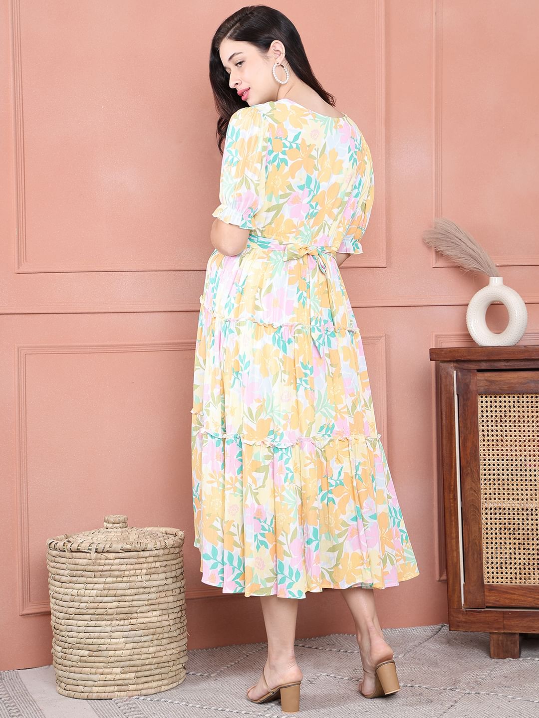 Secret Wish Yellow Floral Crinkle Rayon Maternity Dress Calf Length