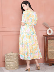 Secret Wish Yellow Floral Crinkle Rayon Maternity Dress Calf Length