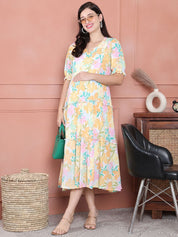Secret Wish Yellow Floral Crinkle Rayon Maternity Dress Calf Length