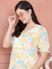 Secret Wish Yellow Floral Crinkle Rayon Maternity Dress Calf Length