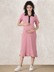 Pink Solid Ribbed Maternity Bodycon Dress