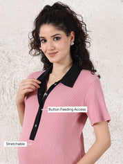 Pink Solid Ribbed Maternity Bodycon Dress