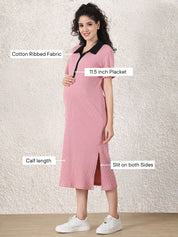 Pink Solid Ribbed Maternity Bodycon Dress