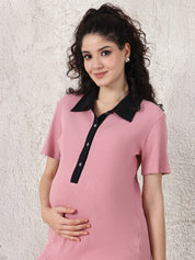 Pink Solid Ribbed Maternity Bodycon Dress