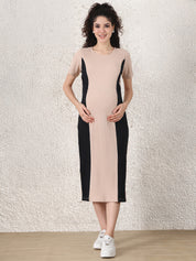 Beige & Black Solid Ribbed Maternity Bodycon Dress