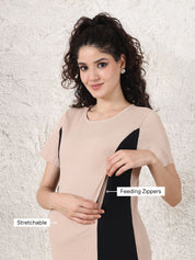 Beige & Black Solid Ribbed Maternity Bodycon Dress