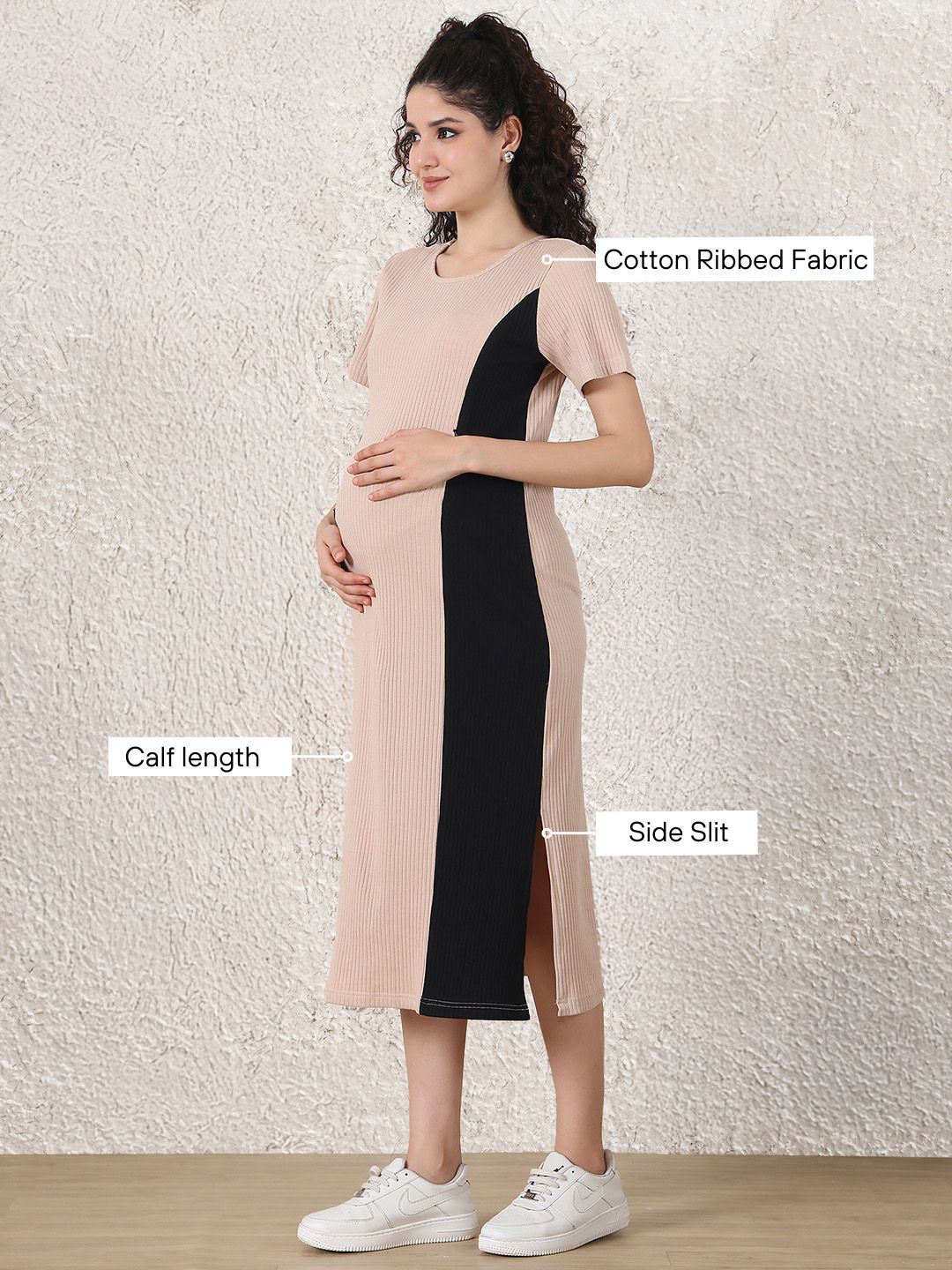 Beige & Black Solid Ribbed Maternity Bodycon Dress