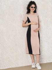Beige & Black Solid Ribbed Maternity Bodycon Dress