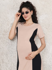 Beige & Black Solid Ribbed Maternity Bodycon Dress
