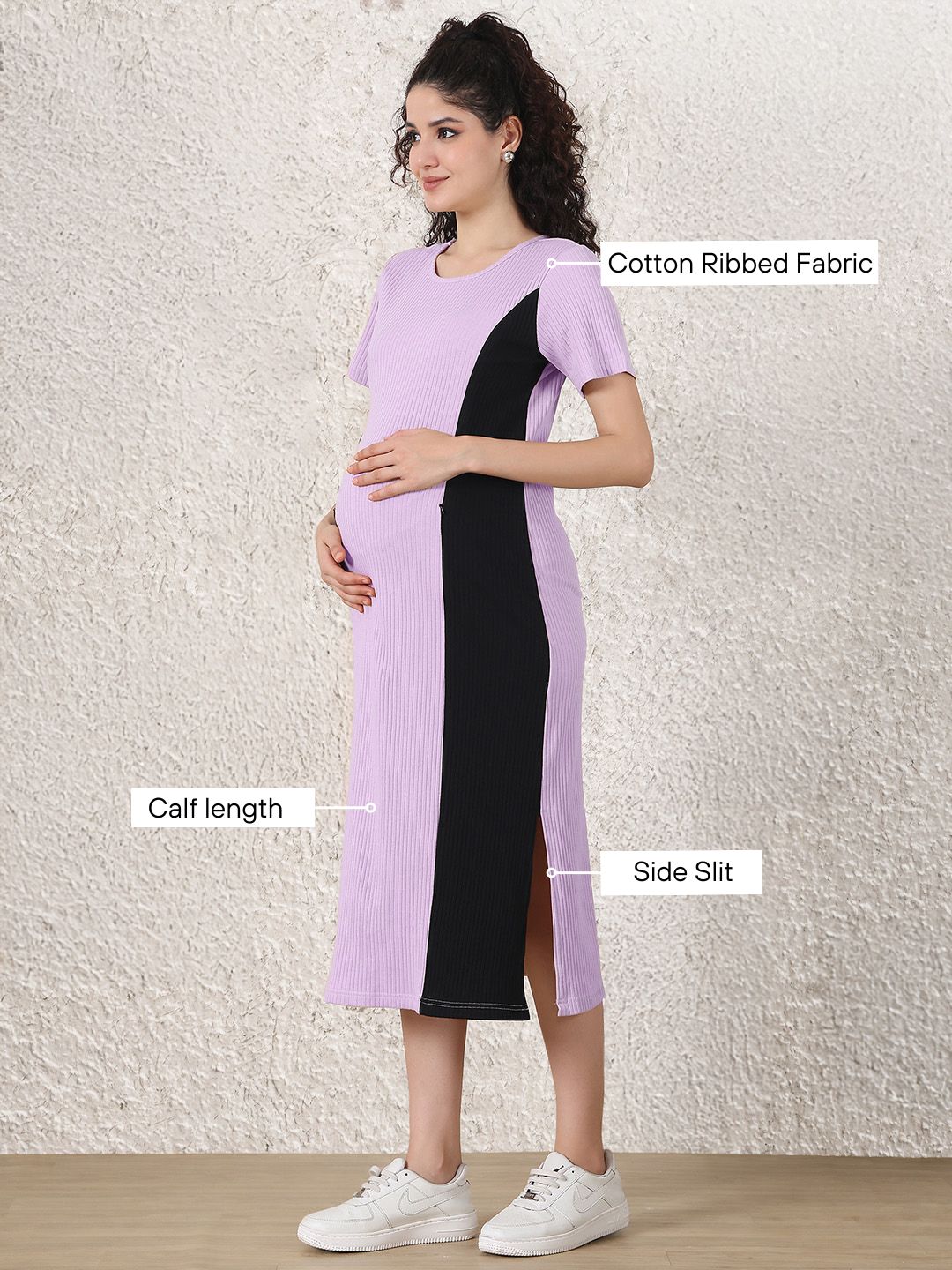 Lilac & Black Solid Ribbed Maternity Bodycon Dress