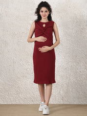 Maroon Solid Ribbed Maternity Bodycon Dress